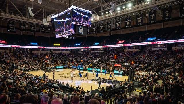 A wide shot of LJVM Coliseum as Parker Freidrichsen takes a shot against Pitt in February 2024