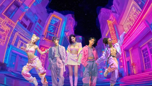Cast of Planet K-Pop posed in front of Neon City
