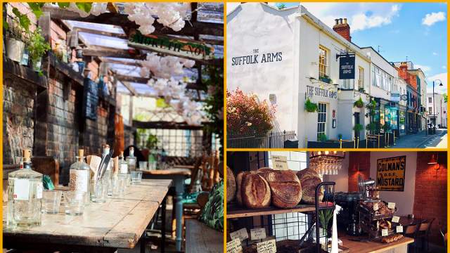 Collection of images showing Curious Cafe, Suffolk Arms and Baker and Graze Cheltenham