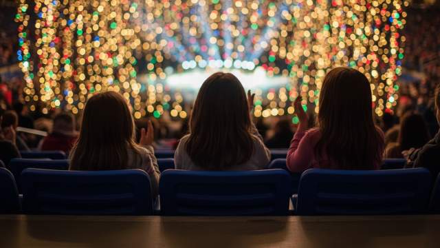 Three young girls watching a stage production at a live event