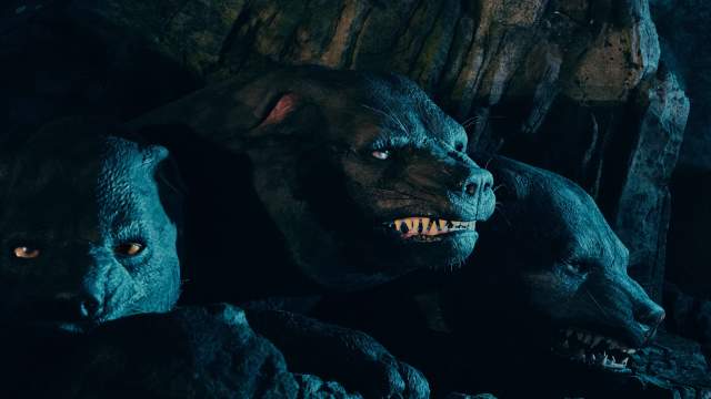 Fluffy the three-headed dog at Hagrid’s Magical Motorbike Adventure ride at Universal's Islands of Adventure.