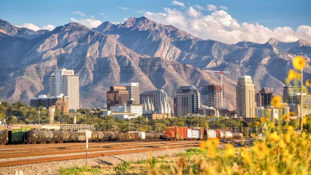 Salt Lake City Skyline in the summer with train