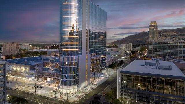 Hyatt Regency hotel attached to the Salt Palace Convention Center and surrounding area at twilight