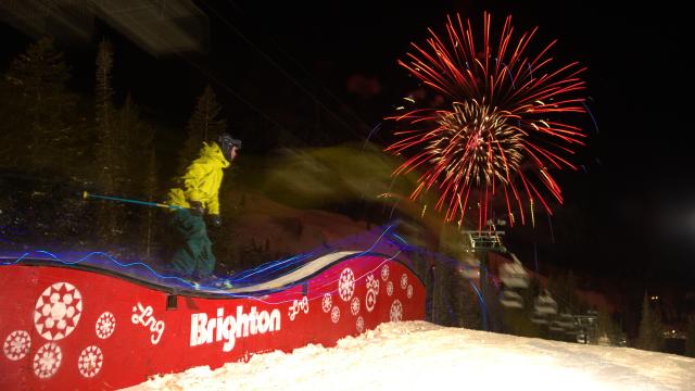 Night skiing at Brighton with fireworks