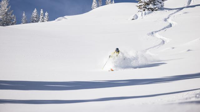A skier navigates deep powder snow on the Ski Utah Interconnect Tour