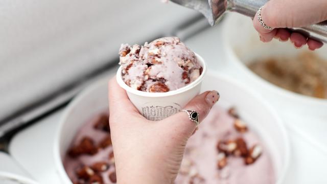 Image of a worker scooping vegan ice cream at Monkeywrench in salt lake city