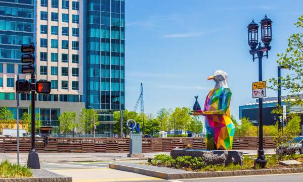 Colorful geometric sculpture of bird in Seaport District
