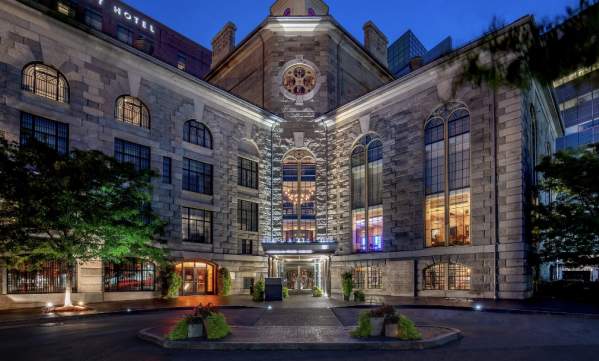 Exterior of Liberty Hotel at night