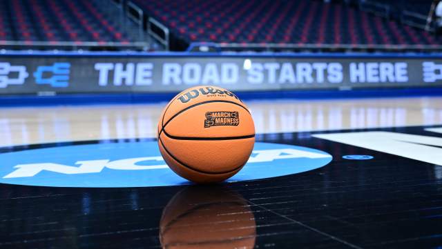 NCAA First Four promo photo showing a basketball on a court