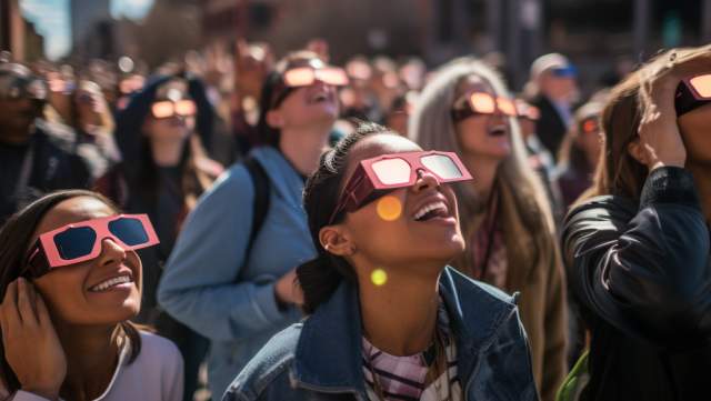 A group of individuals, wearing eclipse viewing glasses, who are looking skyward to view a solar eclipse