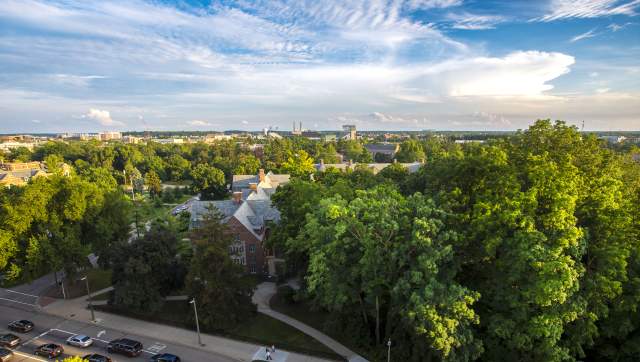 Blue skies and greenery looking over Michigan State University from Rock Bar at the Graduate