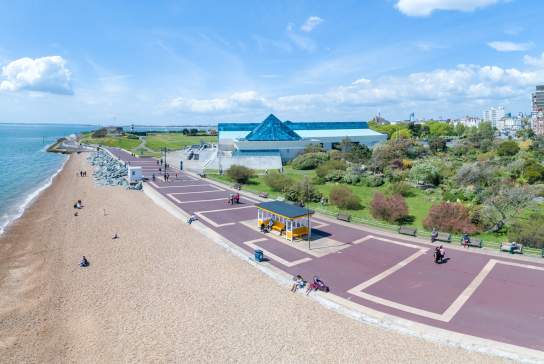 Aerial photograph showing Southsea Seafront and beach, credit Shaun Roster