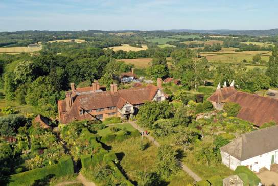 Aerial view of house and gardens at Great Dixter