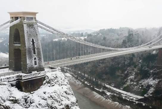 A view of the Clifton Suspension Bridge in West Bristol covered in snow, looking towards the Abbots Leigh area - credit Angharad Paull