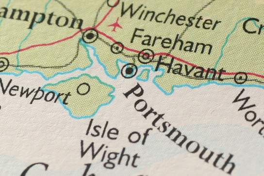 Close up of a map showing the South Coast of England