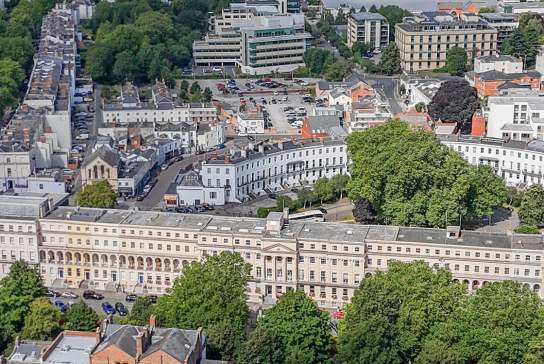 Aerial view of the Municipal Offices in Cheltenham and surrounding areas of the town.