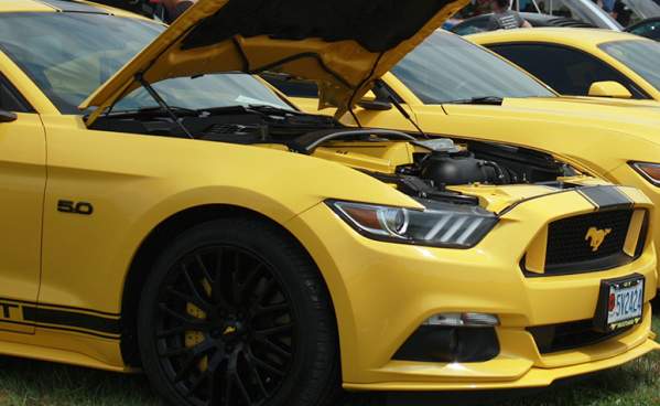 Line of yellow Ford Mustang cars at the Carlisle Ford Nationals