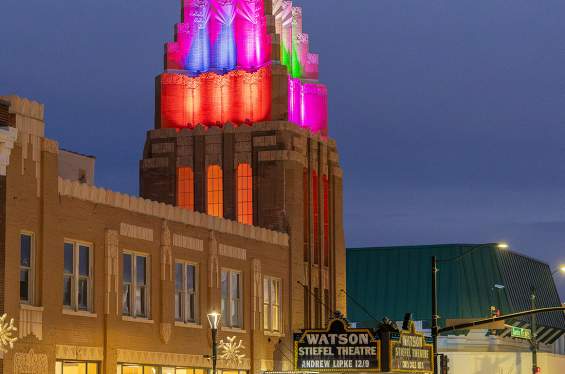The stiefel theatre tower at night with colorful lights