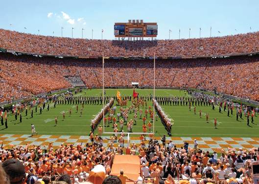 Band and flag twirlers during a University of Tennessee football game