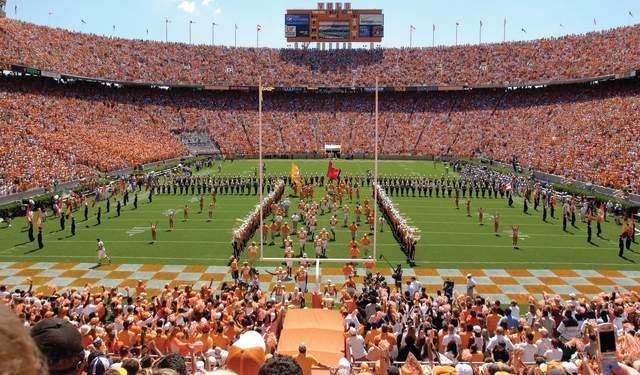 Band and flag twirlers during a University of Tennessee football game