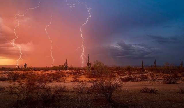 A lightning strikes in the Sonoran Desert in Surprise, Arizona
