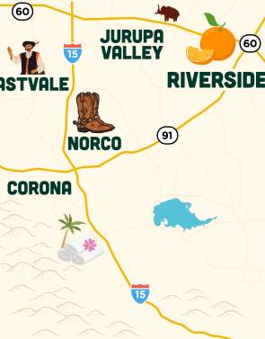 A map illustration of Riverside County Reimagined area featuring Riverside, Norco, Corona, Eastvale, Jarupa Valley, Moreno Valley, and Perris, California.