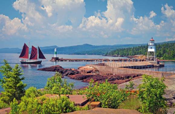 Grand Marais Harbor 2 lighthouses and Hjordis sailboat