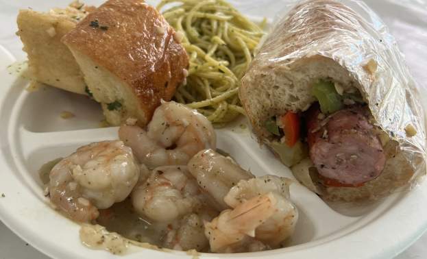 Shrimp Scampi with Garlic Sauce, Garlic Bread, and Italian Sausage Sandwich