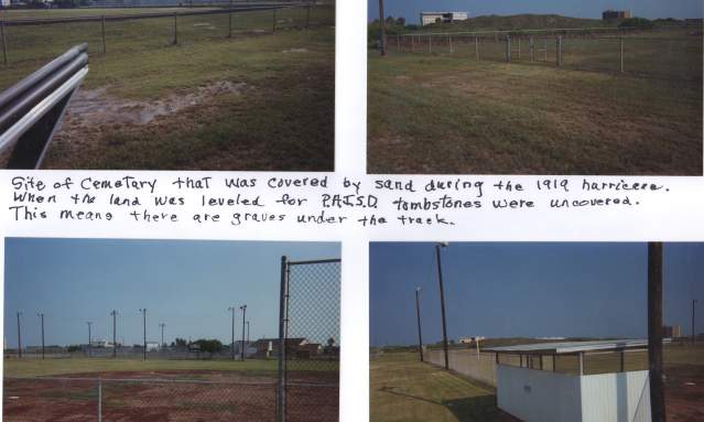 Four photos of a school track that was previously a graveyard on a white background.