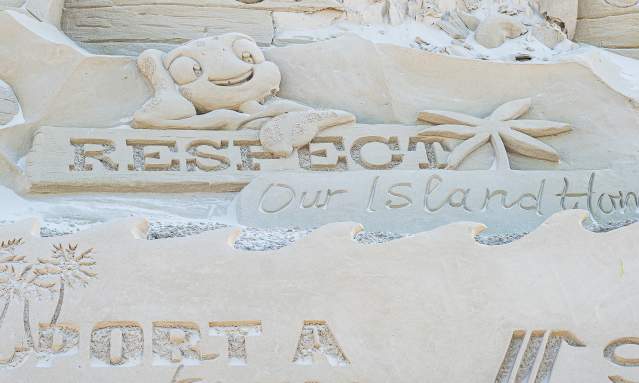 A logo reading Respect Our Island Home with a sea turtle on it carved into sand