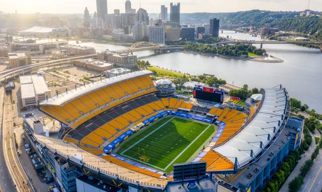 Birds eye view of Acrisure Stadium in Pittsburgh with the skyline in the background