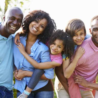 Family reunion, mom and dad with adult children and grandchildren