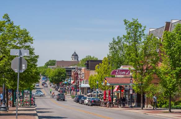 Downtown Bloomington view of Kirkwood Avenue in the spring