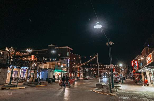 Kirkwood Avenue at night, lit up by twinkle lights