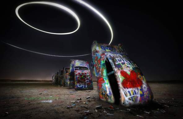 timelapse of cadillac ranch at night