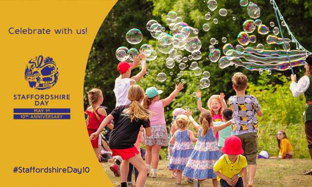 Infographic promoting 10th Anniversary Staffordshire Day taking place 1st May 2026.