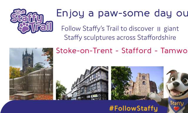 Infographic for the 2026 Staffy Trail launching on Staffordshire Day (1st May) featuring 11 large sculptures in a series of trails