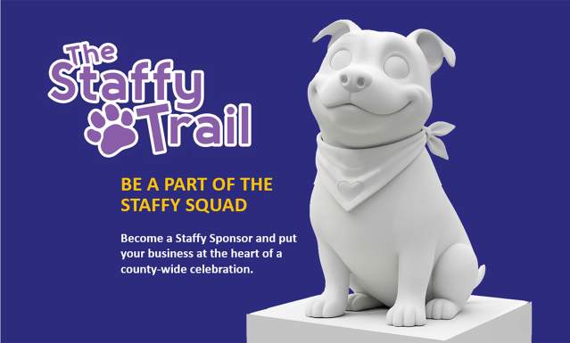 Graphic showing mock-up of a sculpture for the Staffy Trail sculpture trail and encouraging business to become sponsors