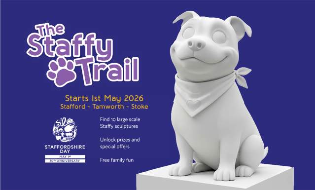 Graphic promoting the Staffy Trail sculpture art trail starting on Staffordshire Day, Friday 1st May 2026.