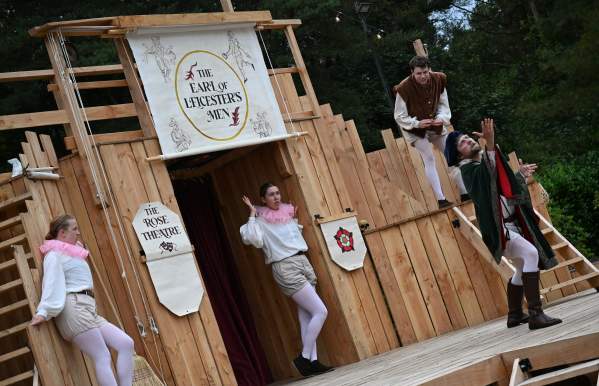 Actors perform on stage at the outdoor theatre at Bolton Gate Arts, Stoke-on-Trent, Staffordshire