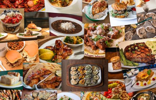 a collage of plates of various foods