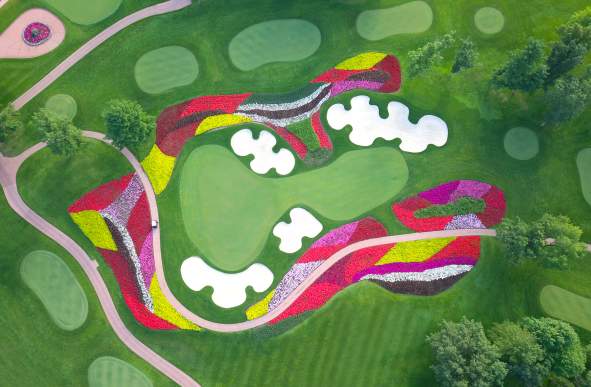 Stunning views from the sky, of the iconic Flower Hole at SentryWorld Golf Course in the Stevens Point Area.