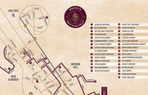 Map of the Wineries of Santa Clara Valley Wine Trail, showing 31 unique wineries that are part of the Association.