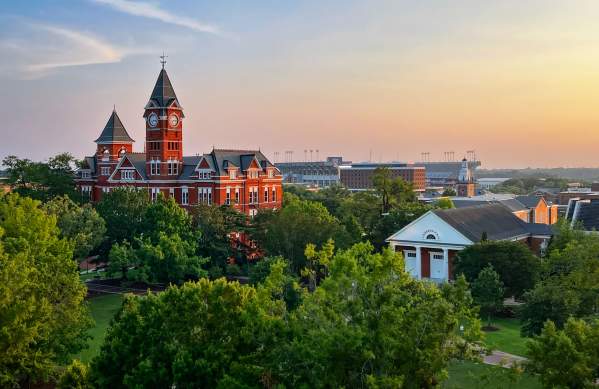 drone shot of Samford Hall with campus in background