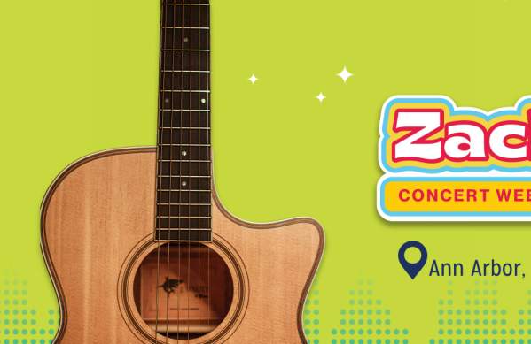 Green background with acoustic guitar, with Zack Bryan Concert Weekend Getaway in colorful letters