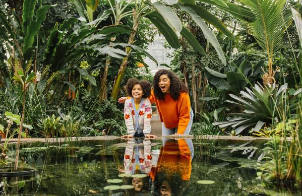 Little girl and woman looking at an indoor lily pond at the botanical gardens