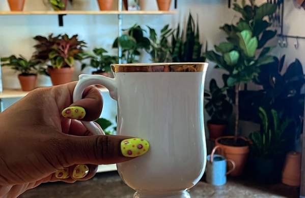 Enjoy a mug of hot coffee at Roots Plants & Coffee in Slidell