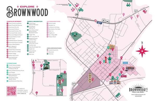 A map of the City of Brownwood featuring Downtown Brownwood highlighted with Pat Coursey Park with a Christmas Tree Icon.
