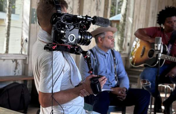 A film crew records musicians playing at the historic Dew Drop Jazz and Social Hall in Mandeville.