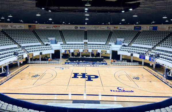 Photo of the Brownwood Coliseum from the stands looking down on the new Howard Payne University Court.